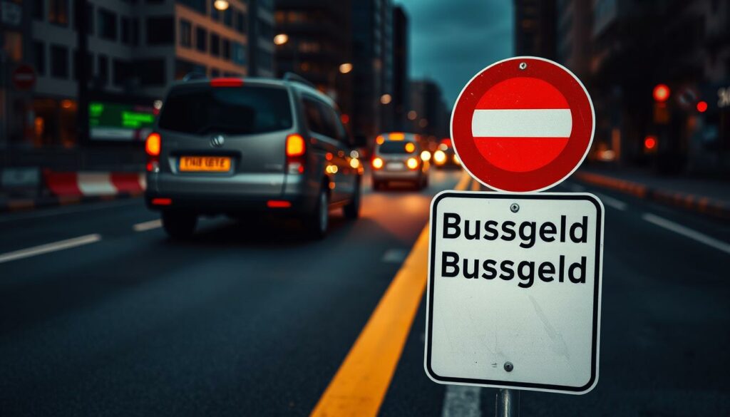 A high-contrast street scene depicting a vehicle obstructing an emergency lane, with a prominent "Bußgeld" (fine) sign in the foreground. The lane is marked with distinct yellow and white lines, and the background features a blurred urban cityscape. The lighting is harsh, with dramatic shadows, conveying a sense of tension and urgency. The composition emphasizes the violation, drawing the viewer's attention to the consequences of ignoring the emergency lane. The overall mood is one of seriousness and potential legal repercussions.