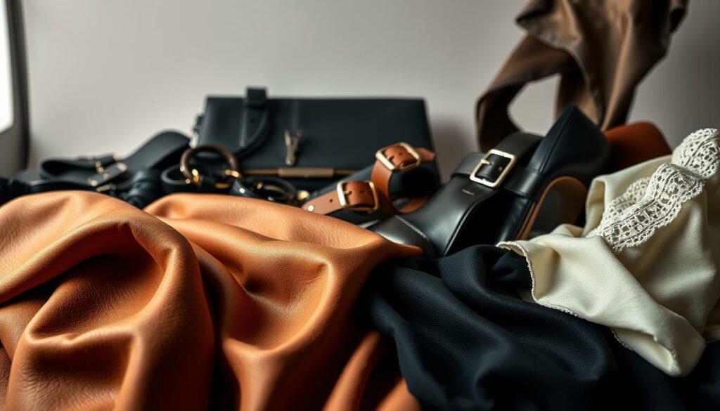A high-fashion editorial shoot featuring a diverse array of luxurious materials for modern, stylish outfits. The foreground showcases a range of alluring textures - sleek patent leather, supple matte suede, shimmering satin, and sheer chiffon. In the middle ground, an arrangement of complementary accessories like metallic hardware, glossy buckles, and delicate lace trims. The background has an elegantly minimalist studio setting with soft, even lighting, creating an atmospheric, editorial-inspired ambiance. The overall composition conveys a sense of sophistication, elegance, and glamour, perfectly capturing the essence of the section title "Die Materialien hinter den Outfits".