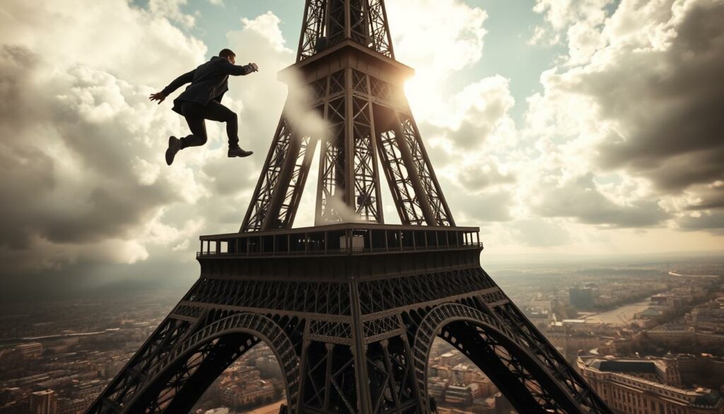 A high-intensity action sequence set against the iconic silhouette of the Eiffel Tower. In the foreground, a daring protagonist leaps from the tower's summit, their body frozen in a thrilling mid-air moment. Swirling clouds and dramatic lighting cast a sense of peril and urgency, as the figure plummets towards the ground below. The middle ground features the tower's intricate metalwork and architectural details, while the background showcases the vibrant Paris cityscape. Captured with a cinematic wide-angle lens, this scene conveys the high-stakes, gadget-driven world of a spy thriller, perfectly matching the "Gadgets and Action Sequences" theme.
