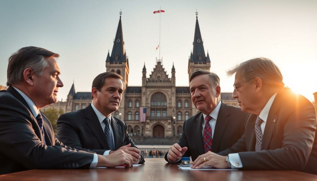 A high-level diplomatic meeting between Canadian and American officials, set against the backdrop of the iconic Parliament Hill in Ottawa. The foreground features the two delegations engaged in earnest discussions, their expressions serious yet hopeful, as they negotiate the future of trade relations. The middle ground captures the impressive architecture of the Centre Block, its gothic spires and limestone façade conveying a sense of history and tradition. The background is bathed in warm, golden-hour lighting, casting a serene glow over the scene and suggesting an atmosphere of progress and compromise. The overall composition evokes a sense of gravity and importance befitting the geopolitical significance of the event.