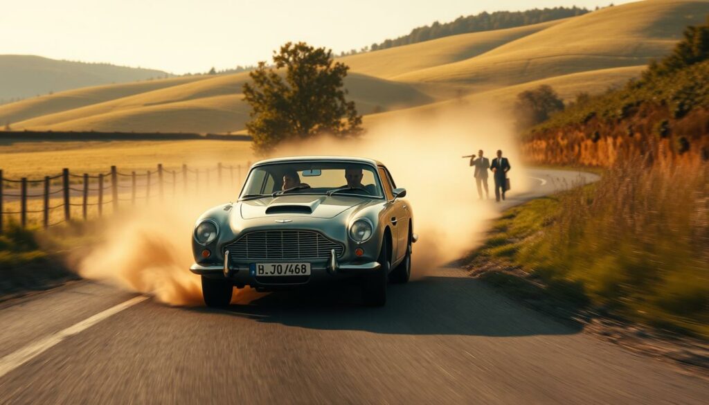 A high-octane action sequence set in the heart of Germany during the filming of the James Bond classic "Octopussy". In the foreground, a sleek Aston Martin DB5 races through winding country roads, its tires kicking up a cloud of dust. The middle ground features a thrilling chase, with Bond evading henchmen in a dramatic high-speed pursuit. In the background, the lush, rolling hills of the German countryside provide a stunning natural backdrop, bathed in warm, golden sunlight. The scene is tense and dynamic, with a cinematic sense of scale and energy, capturing the iconic spy in the midst of a thrilling adventure.