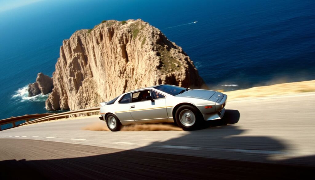 A high-octane stunt sequence from the James Bond film "The Spy Who Loved Me" (1977). In the foreground, a sleek, silver Lotus Esprit sports car races along a coastal road, its wheels leaving trails of sand and gravel in its wake. The middle ground features a towering, rocky cliff face, casting dramatic shadows across the scene. In the distance, the deep blue of the ocean stretches out, creating a sense of scale and drama. The lighting is sharp and directional, casting dynamic shadows and highlights that accentuate the car's curves and the rugged terrain. The camera angle is low, placing the viewer in the thick of the action, capturing the thrill and adrenaline of this iconic stunt sequence.