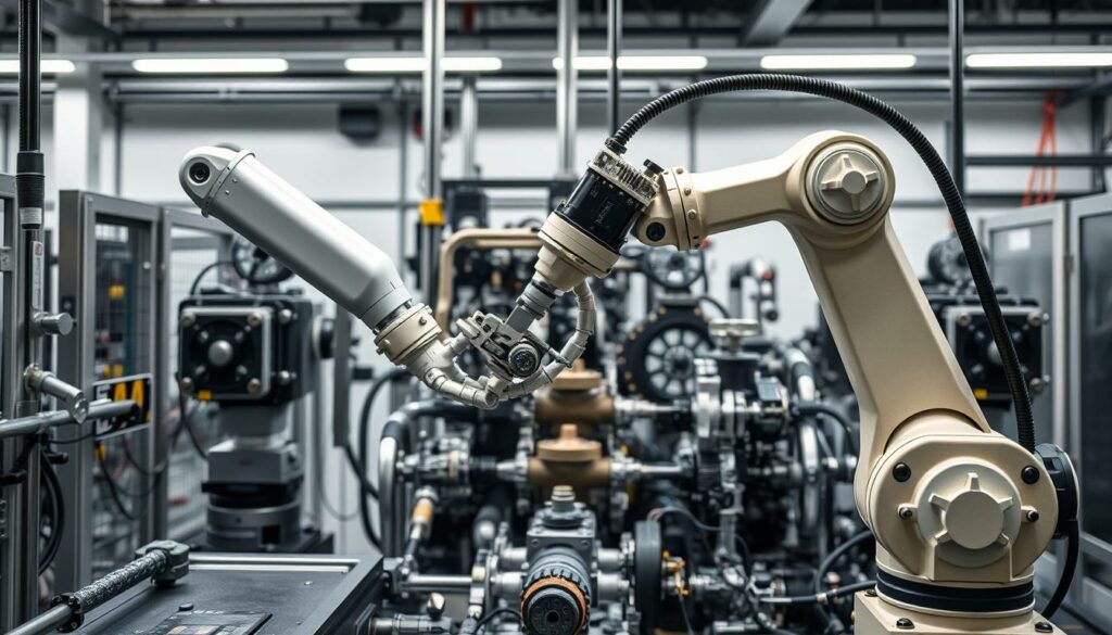 A high-precision, industrial control system with intricate machinery, bolted and welded components, and advanced sensors. The foreground showcases an articulated robotic arm maneuvering delicate parts with fluid, graceful movements, reflecting the section's focus on "Anwendungsbeispiele aus der Praxis". The middle ground features a complex array of gears, valves, and actuators, conveying the technical complexity of the systems. In the background, a sleek, minimalist factory setting with clean lines and muted colors provides an immersive, professional atmosphere. Crisp, directional lighting highlights the engineering details and creates dramatic shadows, emphasizing the precision and control of the system.