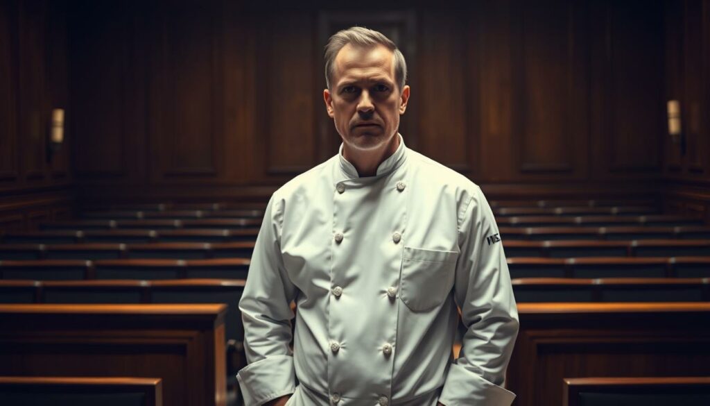 A high-profile chef stands in a somber courtroom, dressed in a crisp white chef's uniform, now the accused. The light casts dramatic shadows across his face, his once-proud demeanor now etched with concern. Behind him, the austere wood-paneled walls and rows of empty benches convey the gravity of the situation. The scene is one of a fallen culinary icon, a meteoric rise now met with a stunning fall from grace. The atmosphere is one of tension and uncertainty, a stark contrast to the opulent dining rooms the chef once presided over. This image captures the transformation from celebrated master of the kitchen to embattled defendant, a visual representation of the downfall of a renowned "Starkoch."