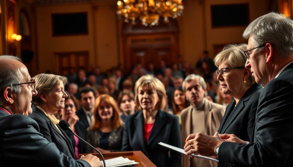 A high-profile political debate on the expansion of the German Mothers' Pension scheme, captured in a vibrant, cinematic style. In the foreground, a panel of distinguished politicians passionately arguing their positions, their faces animated with conviction. In the middle ground, a lively audience, their expressions ranging from rapt attention to heated disagreement. The background is bathed in a warm, authoritative lighting, suggesting the gravity of the proceedings. The overall scene conveys the intensity and importance of this pivotal moment in the ongoing discourse surrounding this significant social policy.