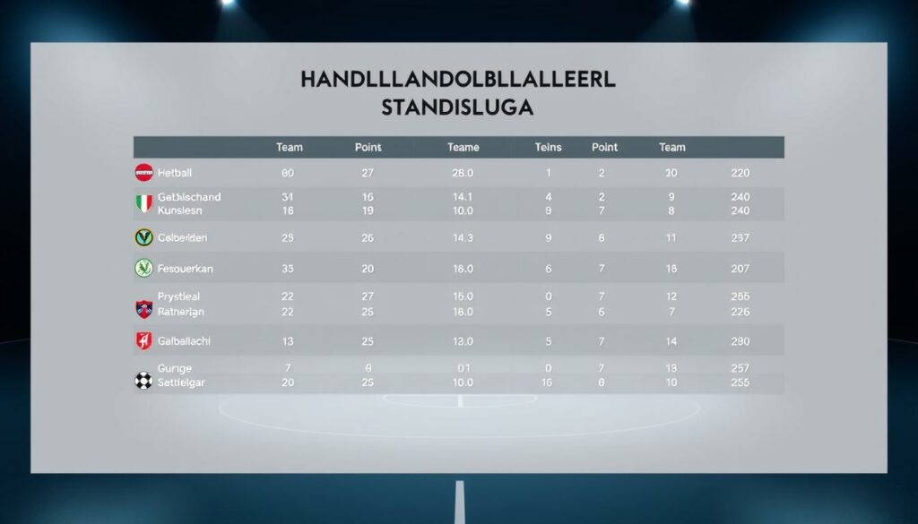 A high-quality, detailed image of the current Handball Bundesliga standings table, featuring a sleek, minimalist design with clean lines and a modern aesthetic. The table should be prominently displayed in the center, with a neutral background that allows the data to stand out. Utilize a cool, muted color palette to convey a sense of professionalism and authority. The layout should be well-balanced, with the teams' names, points, and other key statistics clearly legible. Include subtle lighting and depth-of-field effects to create a polished, visually appealing result that effectively communicates the current state of the Handball Bundesliga league.