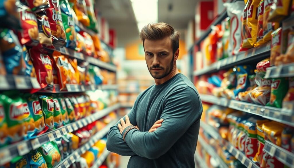 A high-quality image of David Beckham standing in a busy snack aisle, examining a variety of competing snack products with a discerning gaze. The scene is captured with a wide-angle lens, emphasizing the cluttered and crowded nature of the supermarket shelves. Soft, natural lighting illuminates Beckham's face, conveying a thoughtful expression as he contemplates his own snack line's place in the market. The background is slightly blurred, keeping the focus on Beckham and the snacks surrounding him. The overall mood is one of quiet contemplation, as Beckham evaluates the landscape of the snack industry he is now a part of.