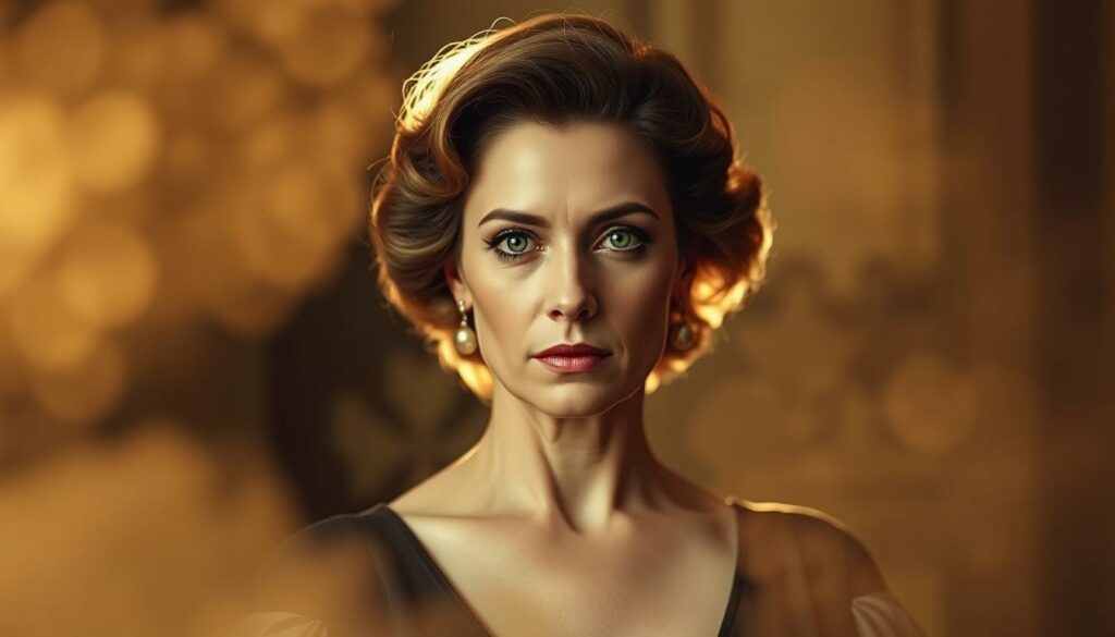 A high-quality portrait of Ruth Maria Kubitschek, a renowned German actress, captured in a dramatic, yet elegant pose. She is the focal point, with a serene yet pensive expression, surrounded by a soft, hazy light that emanates from the background. The composition places her in the center, with a shallow depth of field that keeps the viewer's attention on her face and upper body. The lighting is carefully crafted, creating subtle shadows and highlights that accentuate her features and convey a sense of timeless sophistication. The overall atmosphere is one of introspection and quiet contemplation, befitting the "unforgettable roles" that Kubitschek is known for throughout her illustrious career.