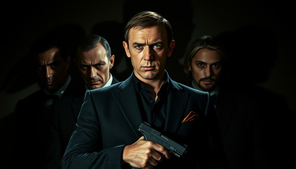 A high-resolution, cinematic portrait showcasing the main characters from "Der Hauch des Todes" James Bond film. In the foreground, a somber-faced James Bond stands tall, his iconic Walther PPK pistol holstered at his side. Behind him, the sinister faces of the film's villains - Whittaker, Stamper, and Elektra King - loom large, casting long, dramatic shadows that shroud the scene in an ominous atmosphere. The lighting is moody and dramatic, with deep shadows and stark contrasts, evoking the film's dark, brooding tone. The composition is balanced and symmetrical, drawing the viewer's eye to the central figures. The overall effect is one of suspense, danger, and the weight of destiny that hangs over the characters.