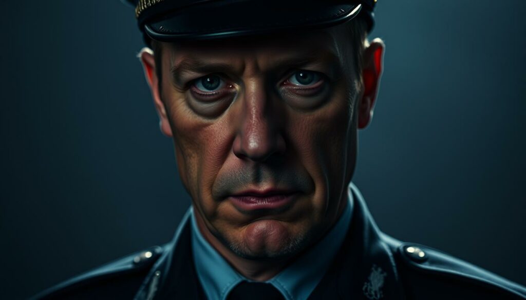 A high-resolution, close-up portrait of Matthias Koeberlin as Kriminalhauptkommissar Micha Oberländer from the German crime drama series "Die Toten vom Bodensee". Koeberlin is shown in his character's police uniform, with a stern, focused expression on his face. The lighting is dramatic, with shadows accentuating his features and creating a moody, intense atmosphere. The background is blurred, placing the emphasis solely on Koeberlin's face and upper body. The image conveys a sense of authority, determination, and the seriousness of his role as a seasoned police investigator.