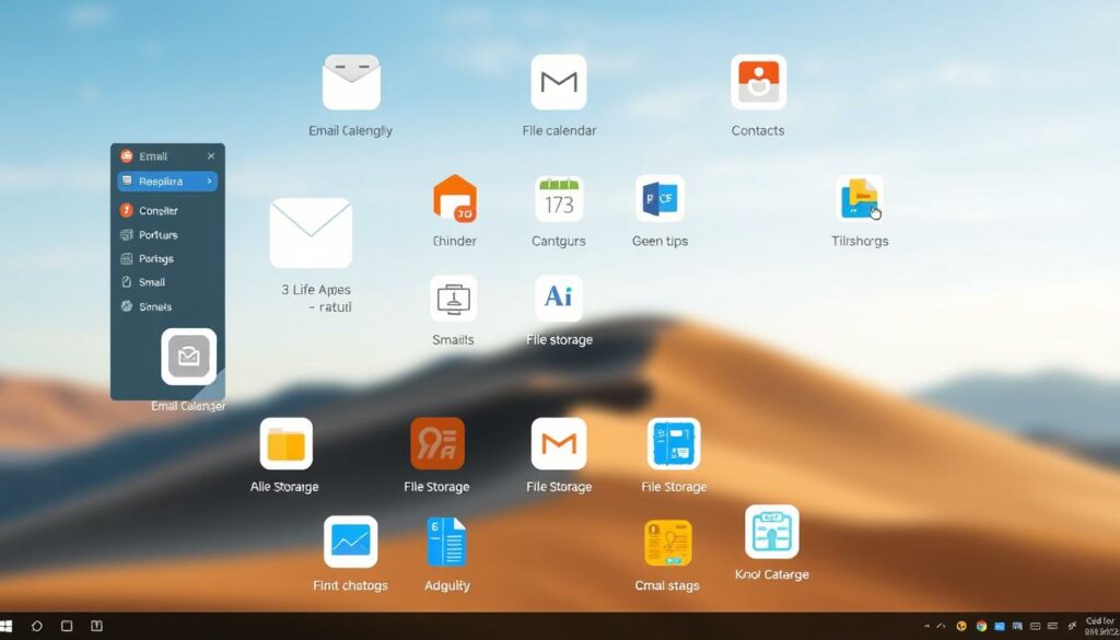 A high-resolution, detailed illustration of the core features and functionality of the GMX email service. The scene depicts a clean, minimalist desktop interface with various GMX app icons and interactive elements arranged in a visually appealing layout. The foreground showcases the key GMX tools like email, calendar, contacts, and file storage, presented with clear, intuitive iconography. The middle ground includes subtle UI details and smooth transitions, while the background features a soft, blurred landscape that provides a sense of depth and digital atmosphere. The overall composition conveys a modern, user-friendly, and productivity-focused GMX experience through a well-balanced, aesthetically pleasing design.