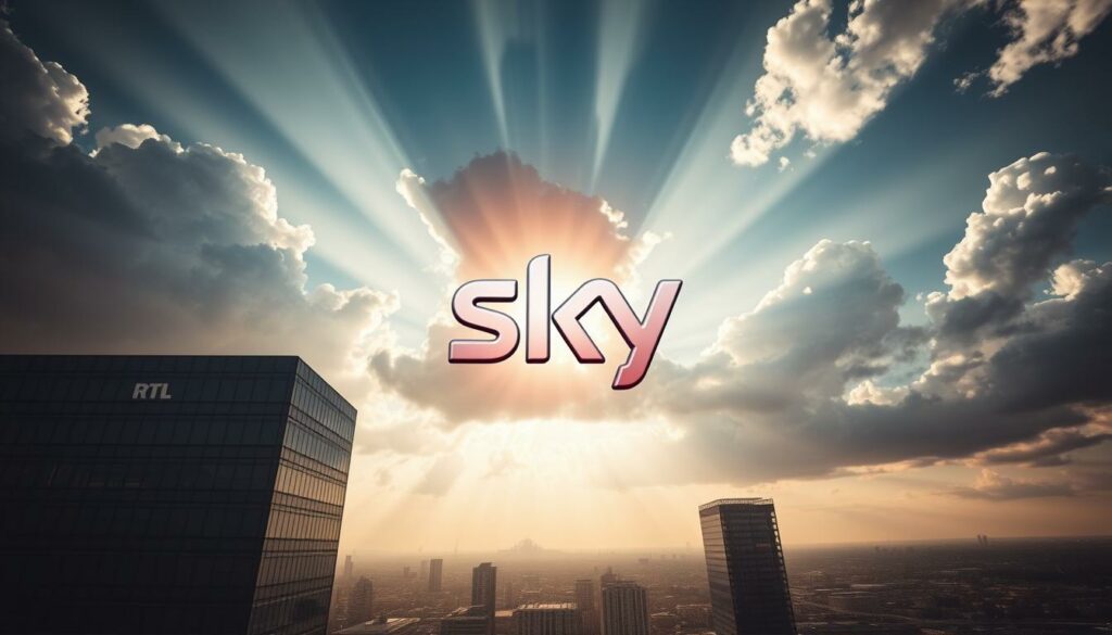 A high-resolution image depicting the "Sky Deutschland Deal" between RTL and SKY. The scene shows a dramatic sky with billowing clouds, rays of sunlight streaming through, and a prominent SKY logo emblazoned in the center, casting a warm glow over the scene. In the foreground, a sleek, modern office building represents the corporate headquarters of the companies involved, while in the background, a bustling cityscape hints at the broader commercial landscape. The lighting is dramatic, with a mix of natural and artificial illumination, creating a sense of importance and gravitas befitting the momentous business transaction. The overall tone is one of power, innovation, and a new era in the German television industry.