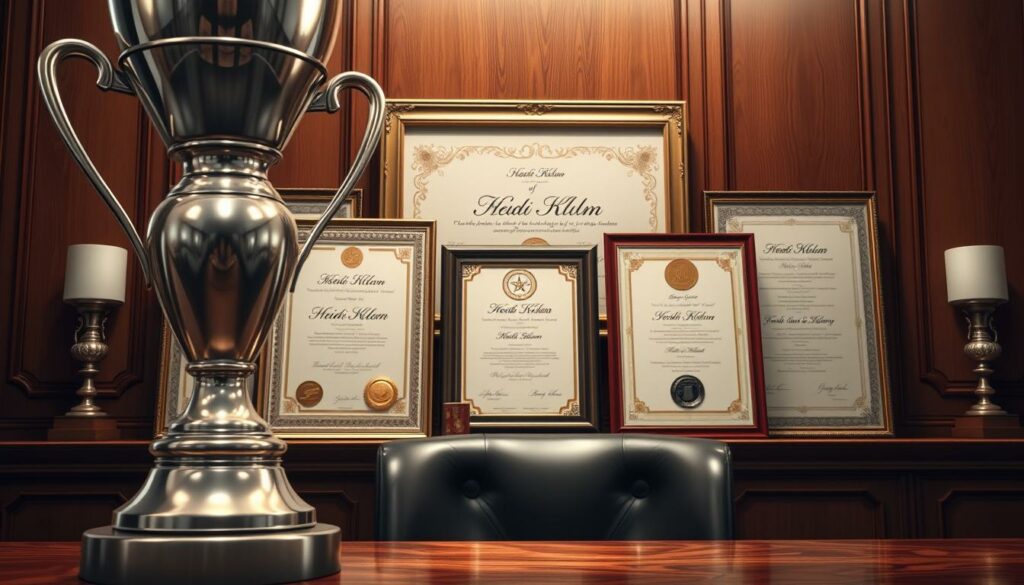A high-resolution, meticulously detailed illustration depicting Heidi Klum's prestigious awards and accolades. The foreground showcases a sophisticated, elegantly-designed trophy or statuette, its gleaming metallic surfaces capturing the light and casting intricate reflections. The middle ground features a collection of elegant award certificates, framed and displayed with care, their ornate borders and seals conveying a sense of prestige and accomplishment. The background is a sumptuous, richly-textured setting, perhaps a wood-paneled office or study, evoking a mood of refined elegance and success. The lighting is soft and flattering, highlighting the subject matter while creating depth and dimension. The overall composition is balanced and visually compelling, inviting the viewer to appreciate Heidi Klum's remarkable achievements.