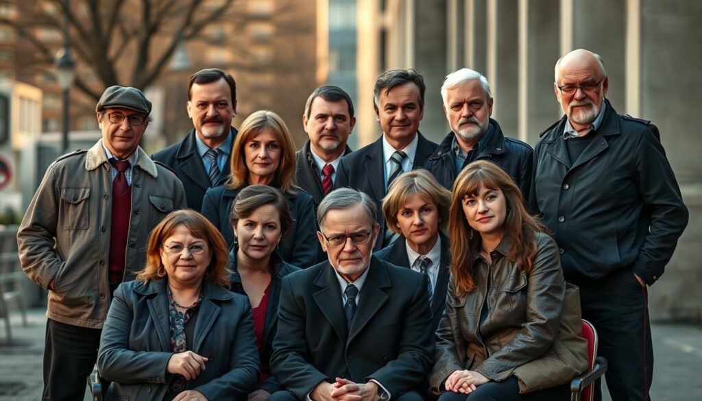 A high-resolution, photorealistic group portrait of the main cast of the long-running German crime drama series "Ein starkes Team". The actors are standing or sitting together, dressed in their iconic costumes and character styles, with warm, natural lighting illuminating their faces and creating a sense of depth and atmosphere. The background is slightly blurred, hinting at the urban setting of the show, but the focus remains on the talented ensemble, each actor conveying the unique personality and appeal of their beloved roles. The overall mood is one of nostalgia, professionalism, and the enduring legacy of these unforgettable characters.