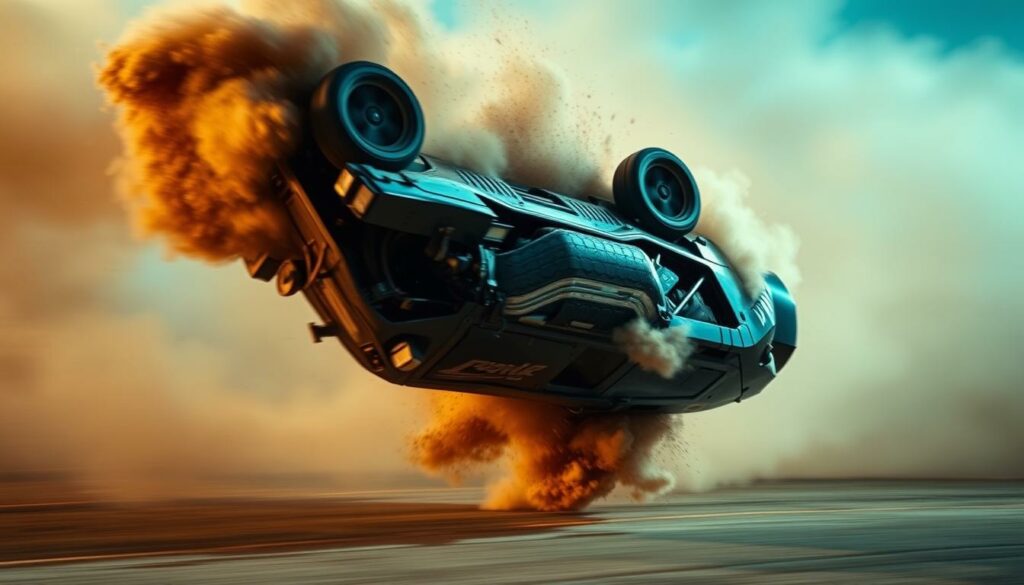 A high-speed stunt vehicle performing a dramatic rollover maneuver, captured in mid-air with dramatic lighting and motion blur. The car twists and tumbles, its bodywork crumpling as it carves an arc through the sky, kicking up a plume of dust and debris. The scene is framed from a low angle, emphasizing the sheer scale and power of the vehicle's motion. The lighting is contrasty, with harsh shadows and highlights that accentuate the car's sharp edges and the tension of the moment. The background is blurred, keeping the focus squarely on the car's dramatic stunt. An intense, adrenaline-fueled atmosphere pervades the scene, capturing the peril and spectacle of the ill-fated stunt.