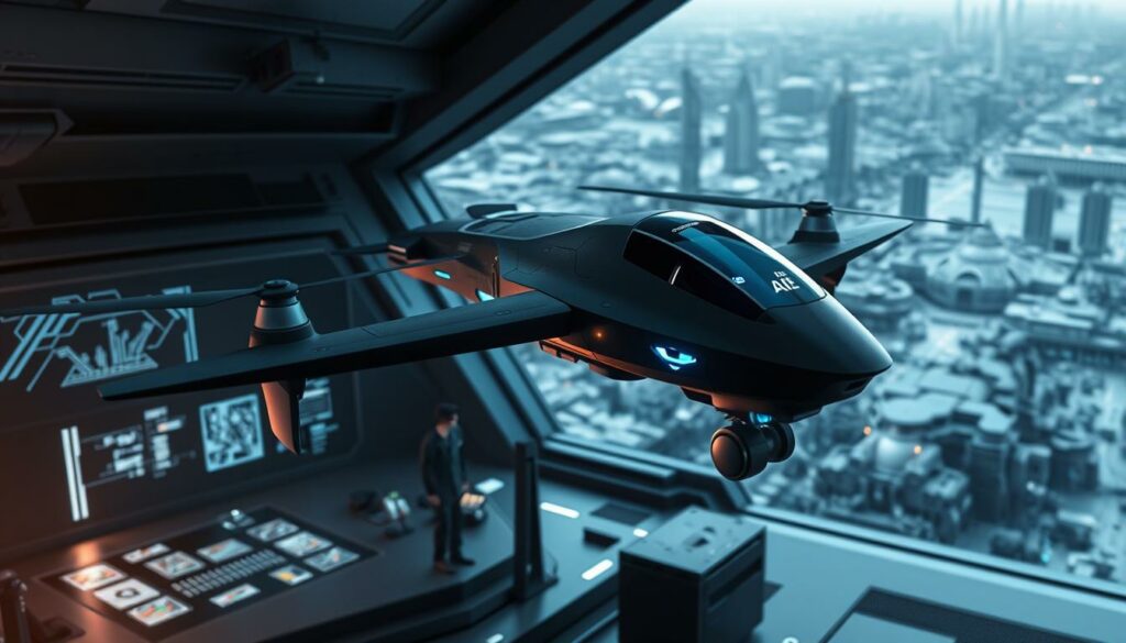 A high-tech, futuristic scene depicting the integration of artificial intelligence into the defense industry. In the foreground, a sleek, advanced military drone hovers, its sleek black exterior highlighted by strategic blue lighting. The middle ground features a cutting-edge control center, with holographic displays and a team of technicians dressed in crisp, futuristic uniforms, carefully monitoring the drone's operations. In the background, a sprawling military complex unfolds, with towering structures and a sense of power and precision. The overall atmosphere is one of innovation, precision, and the seamless blending of human and machine capabilities, reflecting the potential of AI-driven defense technologies.