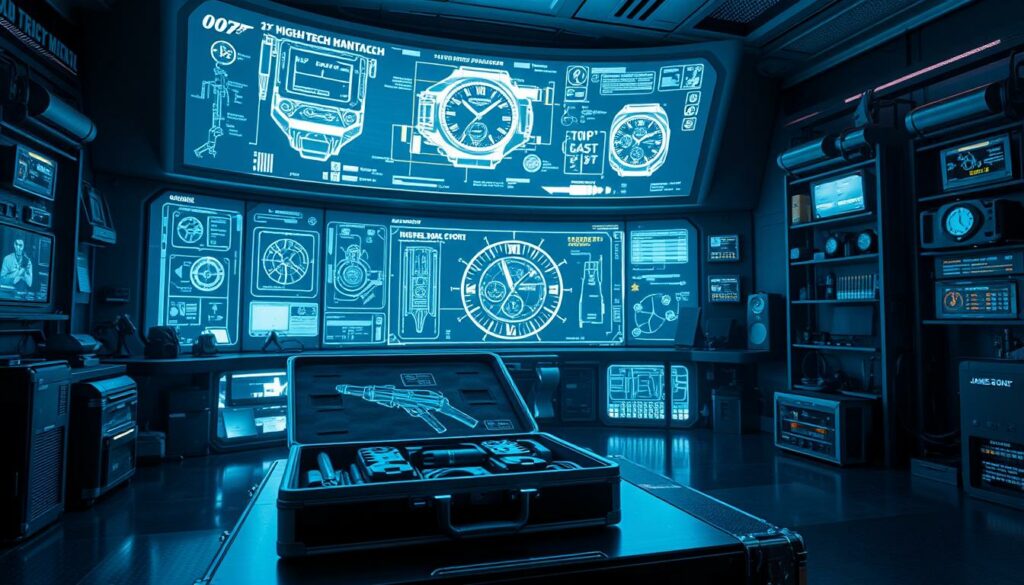 A high-tech laboratory filled with an array of James Bond's signature gadgets. In the foreground, a sleek and futuristic-looking briefcase, its interior revealing an assortment of cutting-edge tools and devices. In the middle ground, a holographic display showcases a schematic of a high-tech watch, its mechanisms and components visible. The background is dominated by a large, curved display panel, displaying schematics, blueprints, and technical readouts, all bathed in a cool, blue-tinged lighting that gives the scene a sense of technological sophistication. The overall atmosphere is one of innovation, intrigue, and the relentless pursuit of technological advancement, perfectly capturing the essence of James Bond's high-tech gadgetry.