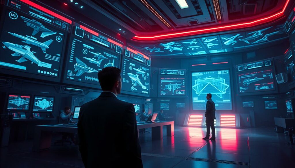 A high-tech military control room, its sleek and futuristic design shrouded in an air of controversy. Towering holographic displays showcase advanced weaponry, while a team of engineers and analysts scrutinize data, their expressions tense and uncertain. The lighting is a moody blend of cool blues and ominous reds, casting dramatic shadows that hint at the moral dilemmas at play. In the foreground, a lone figure, likely a corporate executive, stands contemplating the implications of this defense technology investment, their stance both powerful and conflicted. The overall atmosphere is one of unease, as the viewer is drawn into the complex web of ethical considerations surrounding this sensitive endeavor.