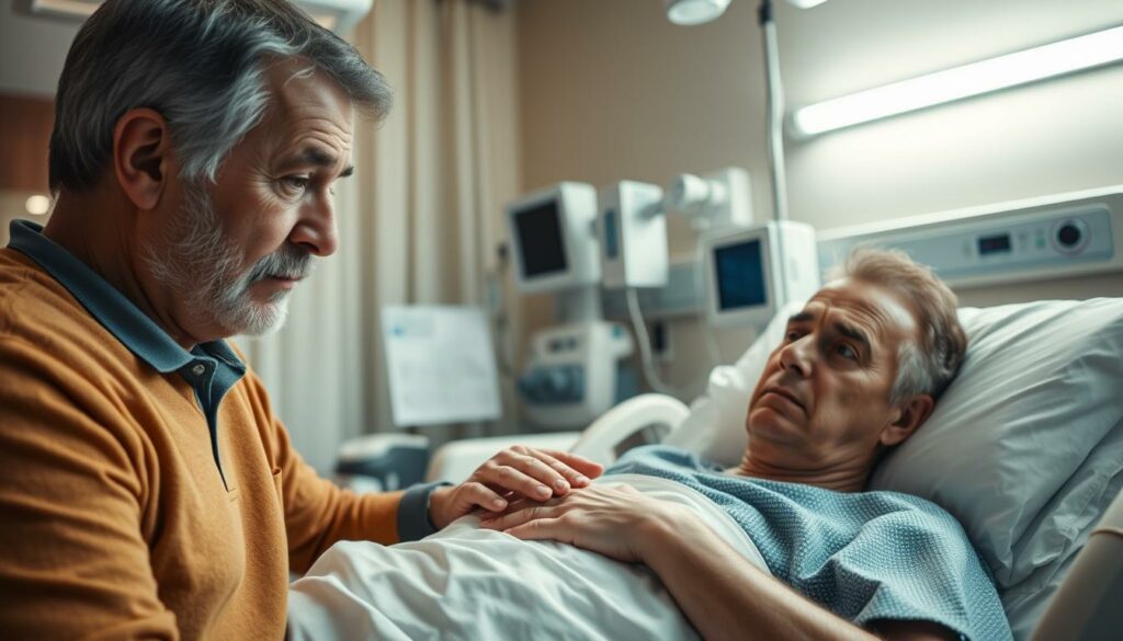 A hospital room interior, warm lighting and a soothing atmosphere. In the foreground, Franz Griesbacher, a kind-faced man in his 50s, sits by the bedside of Dietmar Ganshofer, a renowned singer, who rests comfortably, a worried expression on his face. Griesbacher leans in, a hand on Ganshofer's arm, conveying comfort and support. The middle ground shows medical equipment, charts, and the soft glow of monitors, while the background depicts the hospital's clean, sterile environment. The scene evokes a sense of concern, empathy, and the hope for Ganshofer's recovery.
