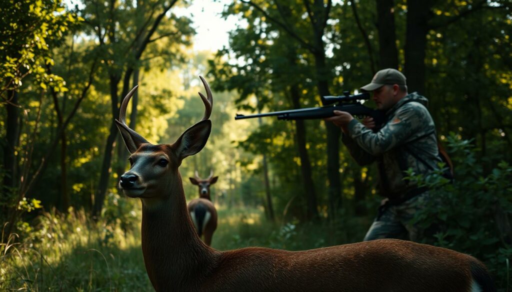 A hunting scene set in a lush, forested landscape. In the foreground, a deer with its head held high, alert and attentive, its body poised for movement. In the middle ground, a hunter, dressed in camouflage, carefully aiming a rifle, their finger on the trigger, anticipating the perfect shot. The background is a dense thicket of trees, the sunlight filtering through the leaves, creating a warm, atmospheric glow. The scene conveys a sense of tension and focus, as the hunter waits for the right moment to take the shot, while the deer remains vigilant, ready to react to any sudden movement. The image captures the essence of a typical hunting scenario and the associated visual cues.
