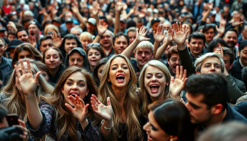 A large crowd of people, their faces animated with a range of emotions - excitement, surprise, curiosity, and fascination - as they react to the unexpected news about the relationship between Heidi Klum and her former husband, Seal. The scene is captured with a wide-angle lens, providing a panoramic view of the diverse array of onlookers. The lighting is natural, lending a sense of immediacy and authenticity to the moment. In the foreground, a group of fans gesticulate wildly, their body language conveying the intensity of their reactions. In the middle ground, individuals stand with hands raised, their expressions a mix of disbelief and delight. The background is a blur of movement, suggesting the bustling energy of the public space. The overall atmosphere is one of heightened emotional engagement, reflecting the captivating nature of the revealed details about Klum and Seal's personal lives.
