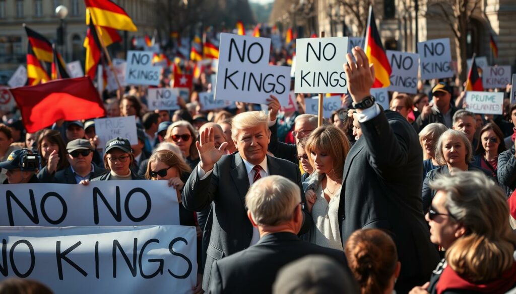 A large crowd of protesters marching through the streets of Germany, waving signs and banners that read "No Kings." In the foreground, a group of demonstrators chanting slogans and rallying against the presence of Donald Trump, who is depicted in the middle ground, his hand firmly grasping the wrist of Melania Trump. The scene is captured with a wide-angle lens, showcasing the scale and intensity of the protest, with a sense of energy and determination in the air. The lighting is natural, casting long shadows across the scene, and the overall mood is one of defiance and resistance against the perceived threat of authoritarian rule.
