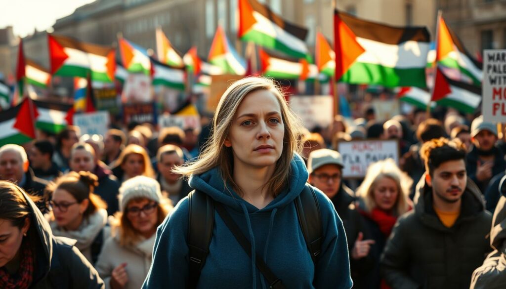 A large crowd of protesters, with Greta Thunberg at the forefront, marching during a pro-Palestine demonstration. The scene is captured with a wide-angle lens, emphasizing the scale and energy of the event. Greta, wearing her signature blue hooded sweatshirt, stands tall and resolute, her face determined as she leads the chanting crowd. The background is a blur of colorful banners, flags, and placards, creating a sense of urgency and passion. The lighting is natural, with the sun casting a warm, golden glow over the scene, conveying a sense of hope and solidarity. The overall mood is one of defiance and activism, reflecting Greta's unwavering commitment to social and environmental justice.