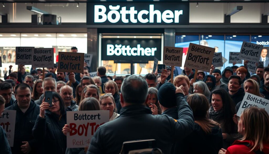 A large group of customers in a modern retail setting, angrily boycotting and protesting against a prominent store called "Böttcher". The customers are holding signs and banners expressing their outrage, with a tense, charged atmosphere. In the middle ground, the storefront of Böttcher is visible, with its branding and signage. The background is blurred, suggesting a downtown urban environment. The lighting is dramatic, with shadows and highlights emphasizing the confrontational nature of the scene. The overall mood is one of public backlash and damaged brand reputation.