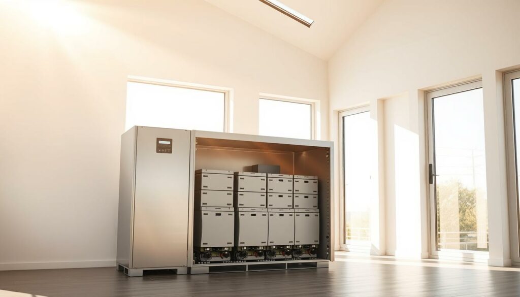 A large residential battery storage system for a photovoltaic solar installation. The batteries are arranged in a sleek, modern cabinet with a metallic silver finish. The cabinet is positioned in a well-lit, airy room with large windows, casting warm natural light across the scene. Sunlight streams in, highlighting the clean lines and minimalist design of the battery storage unit. The room has a serene, tranquil atmosphere, conveying a sense of efficiency and self-sufficiency powered by renewable energy. The batteries are the centerpiece, representing the key to achieving maximum energy independence for the homeowner.