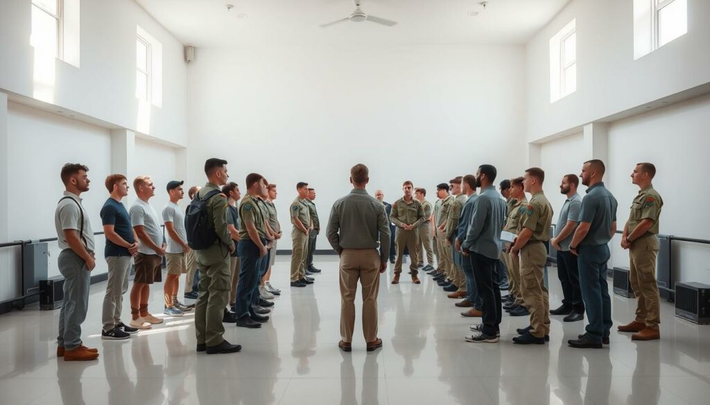 A large, well-lit room with pristine white walls and polished floors. In the center, a group of young men, dressed in casual attire, stand in orderly rows facing a panel of uniformed officers. The officers, their posture erect and expressions neutral, evaluate each prospective recruit, taking notes and occasionally gesturing. Natural light streams in through large windows, casting a warm, inviting glow over the scene. The men's faces reflect a mix of apprehension and determination, as they await their chance to serve their country. The atmosphere is one of solemn ceremony, a pivotal moment in these men's lives as they consider the path of voluntary military service.