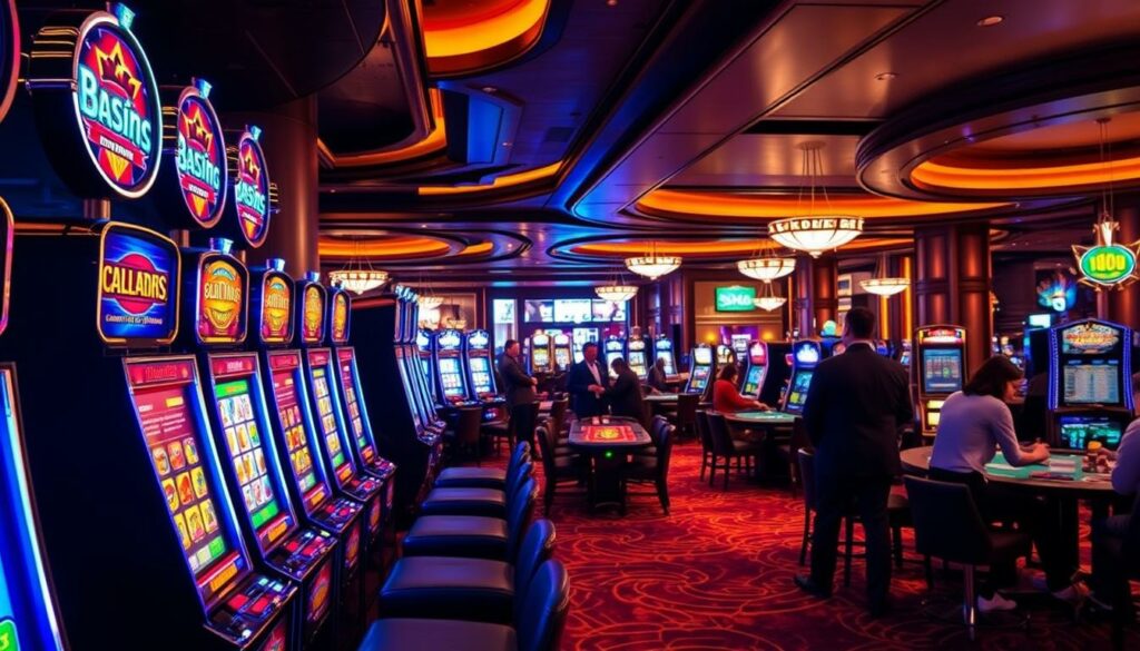 A lavish casino floor, dimly lit with a warm, inviting glow. In the foreground, a row of gleaming slot machines, their vibrant displays and colorful buttons beckoning players to try their luck. The machines are sleek and modern, their designs reflecting the latest trends in gaming technology. In the middle ground, a variety of casino table games are visible, with dealers expertly handling cards and chips. The atmosphere is one of excitement and anticipation, with players leaning in, focused on the action. In the background, a luxurious lounge area offers plush seating and a bar, creating a sense of sophistication and exclusivity. The lighting is strategically placed to highlight the opulence and allure of the casino experience.