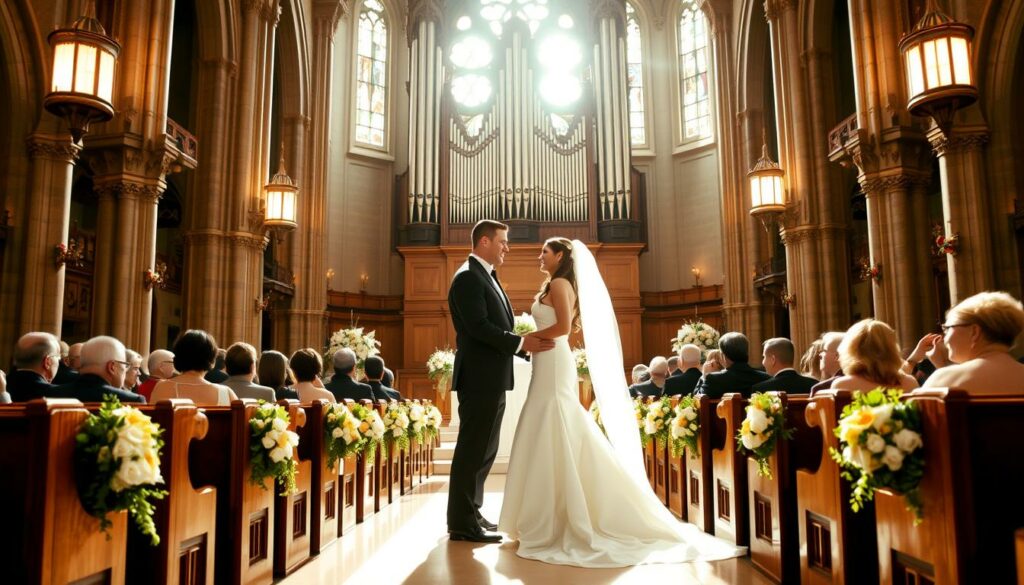 A lavish wedding ceremony set in a grand cathedral, sunlight streaming through the stained glass windows. At the altar, John Cena, dressed in a sleek tuxedo, stands beside his bride Shay Shariatzadeh, her flowing white gown accentuating her elegant figure. Their faces are filled with joy and love as they exchange vows, surrounded by rows of wooden pews and floral arrangements adorning the aisles. In the background, a large, ornate organ dominates the scene, its pipes reaching towards the vaulted ceilings. The atmosphere is one of reverence and celebration, capturing the momentous occasion of their union.