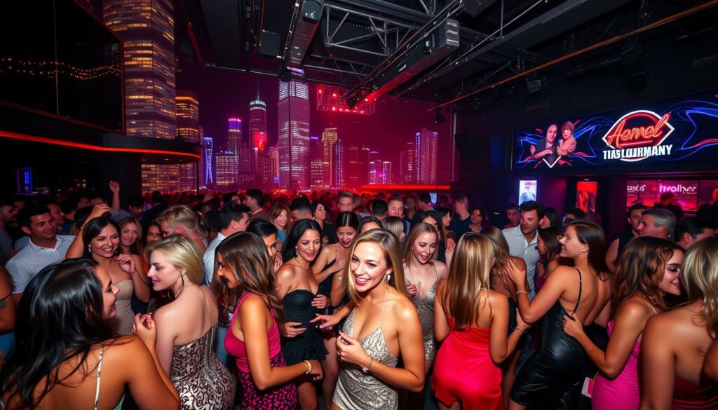 A lively and vibrant scene depicting the most talked-about erotic parties in Germany in 2025. In the foreground, a glamorously dressed crowd of revelers dance and mingle, their expressions radiating joy and excitement. The middle ground features a sleek, modern venue with cutting-edge lighting and sound systems, creating an electrifying atmosphere. In the background, a cityscape of glittering skyscrapers and neon signs sets the scene, hinting at the cosmopolitan nature of these exclusive events. The overall mood is one of hedonistic indulgence, with a touch of sophisticated allure. Shot with a wide-angle lens to capture the energy and scale of the festivities, the image evokes the essence of Germany's most sought-after erotic parties.