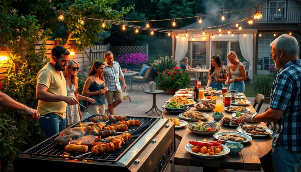 A lively outdoor Grillparty scene on a warm summer evening. In the foreground, a group of friends gathered around a large, crackling charcoal grill, expertly grilling an assortment of meats, vegetables, and skewers. The middle ground features a long wooden table laden with platters of grilled delicacies, fresh salads, and chilled beverages. In the background, a beautiful garden setting with lush greenery, blooming flowers, and twinkling string lights creates a cozy, festive atmosphere. The lighting is soft and warm, casting a golden glow over the entire scene. The mood is one of relaxation, camaraderie, and the pure enjoyment of good food shared among loved ones.