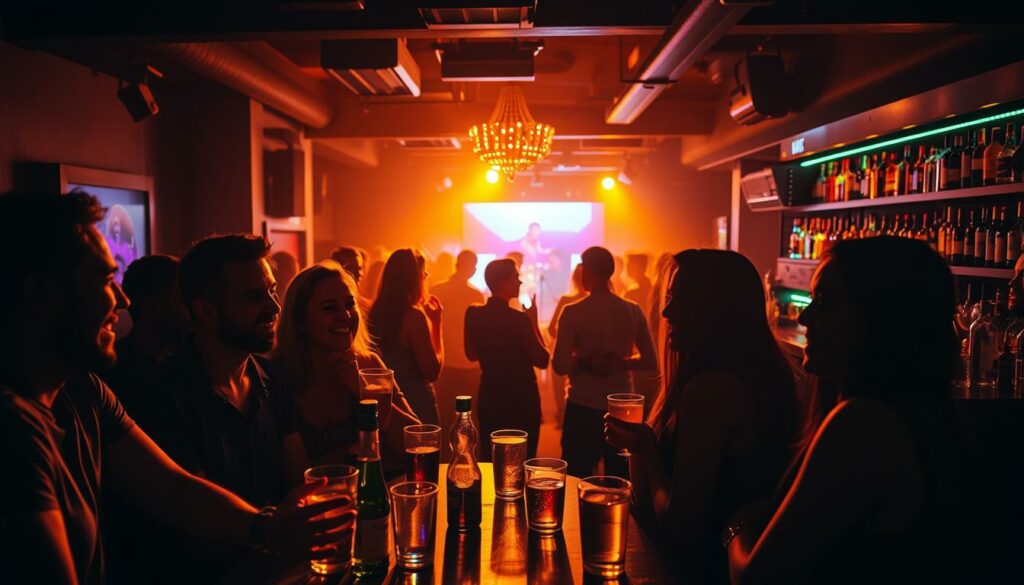 A lively party scene, dimly lit with warm, golden lighting. In the foreground, a group of friends gathered around a table, drinks in hand, laughing and chatting animatedly. The middle ground features a dance floor, with silhouettes of people moving to the beat of upbeat music. In the background, a bar with a well-stocked selection of liquor bottles, creating an atmosphere of indulgence and celebration. The overall mood is one of carefree revelry, where the effects of alcohol enhance the vibrant, energetic party atmosphere.