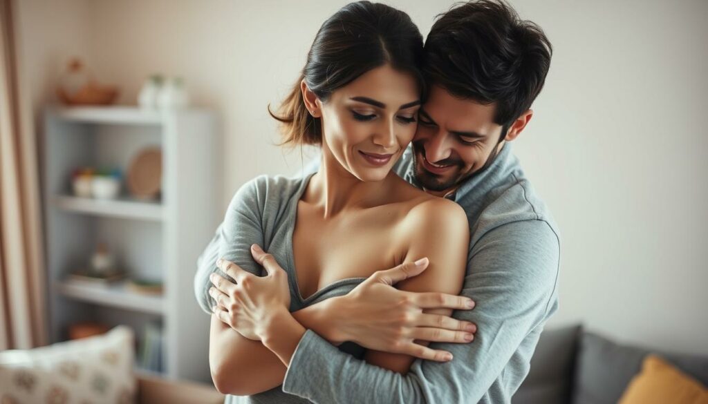 A loving couple embracing tenderly, conveying a sense of responsibility and intimacy. Soft, diffused lighting highlights their intertwined bodies, suggesting the sensual yet thoughtful nature of their connection. The background is a warm, blurred domestic setting, creating an atmosphere of comfort and trust. Subtle textures and colors evoke the gentleness and care inherent in their relationship. The pose and expressions communicate a balance of passion and mindfulness, reflecting the delicate harmony between physical and emotional fulfillment.