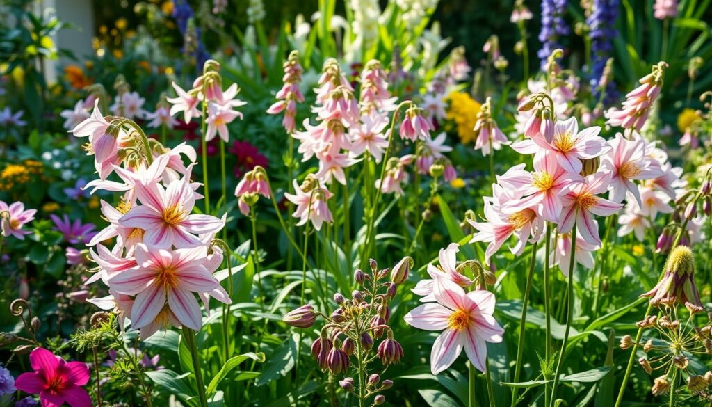A lush and vibrant garden scene, captured with a wide-angle lens to showcase the harmonious combination of Aquilegia (Columbine) flowers and other perennial plants. The Aquilegia blooms, with their delicate, bell-shaped petals in a range of pastel hues, stand tall and proud, intermingling with the complementary foliage and blooms of companion plants. Soft, diffused natural light filters through the scene, creating a warm, inviting atmosphere. The composition emphasizes the graceful, swaying motion of the plants, conveying a sense of movement and natural harmony. The overall image reflects the beauty and synergy of this Aquilegia floral combination, perfectly illustrating the section on pairing these stunning flowers with other perennials.