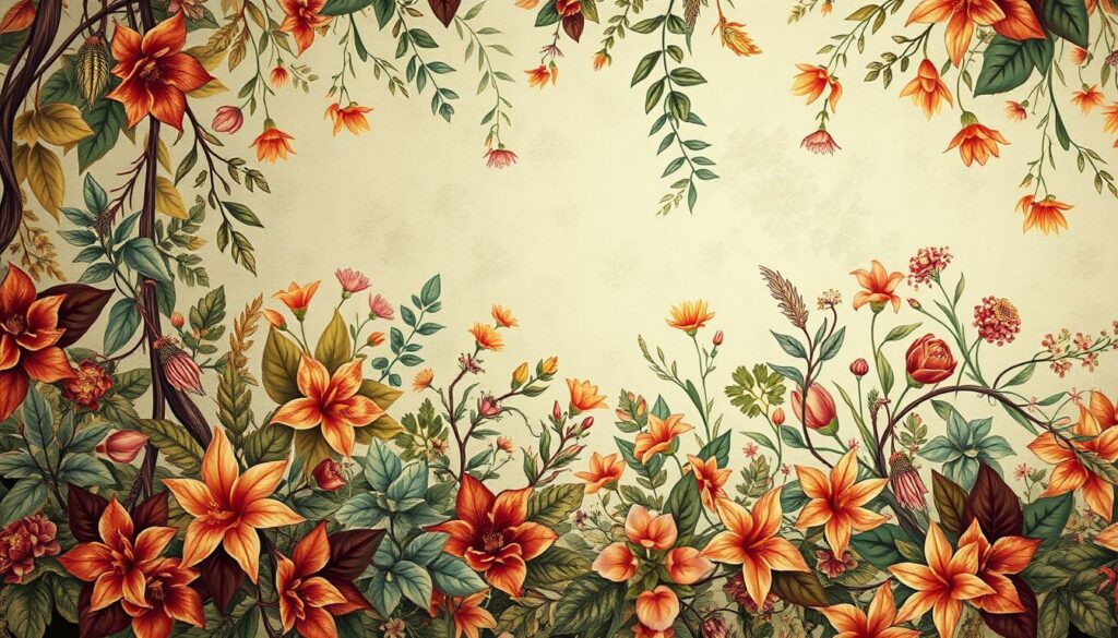 A lush, botanical wallpaper pattern with a naturalistic motif. The design features a dense arrangement of richly colored leaves, flowers, and vines in a variety of shapes and textures. The foreground showcases intricate, lifelike botanical illustrations, with a sense of depth and dimension. The middle ground blends into a softer, more abstract floral pattern, while the background holds a subtle, muted gradient to create a cohesive, harmonious composition. Warm, ambient lighting casts a gentle glow, evoking a soothing, serene atmosphere. The overall effect is a visually striking, nature-inspired wallcovering that would beautifully complement a variety of interior design styles.