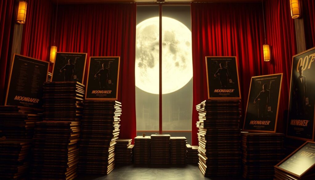 A lush, cinematic scene featuring stacks of movie posters against a backdrop of red curtains, evoking the atmosphere of a classic cinema lobby. The posters display the iconic 007 silhouette and the title "Moonraker" in bold lettering, hinting at the film's space-themed plotline. The lighting is warm and inviting, casting a golden glow over the scene. The camera angle is slightly elevated, giving a sense of grandeur and importance to the display. The overall impression is one of anticipation and the enduring popularity of the Bond franchise, capturing the "mixed reactions" of critics and audiences towards this particular entry.