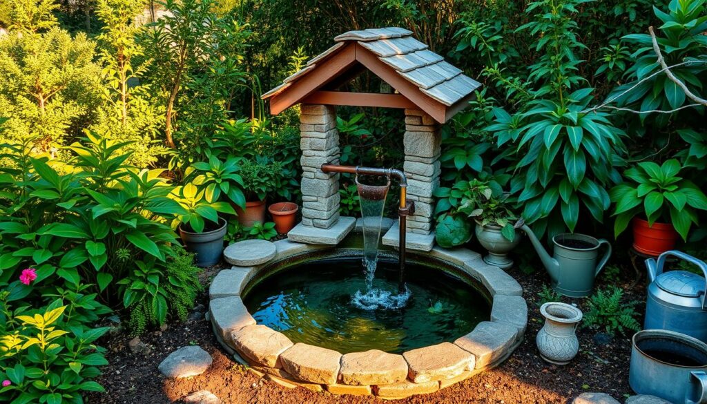 A lush garden oasis with a quaint stone well at its center, surrounded by verdant foliage and a warm, golden afternoon light. The well's crystal clear water gently bubbles up, inviting visitors to dip their hands and feel the refreshing coolness. Carefully placed pots and watering cans stand ready, hinting at the thoughtful irrigation system that utilizes this natural water source. The scene exudes a sense of tranquility and harmony, with the well seamlessly integrated into the garden's design, creating a peaceful and sustainable ecosystem.