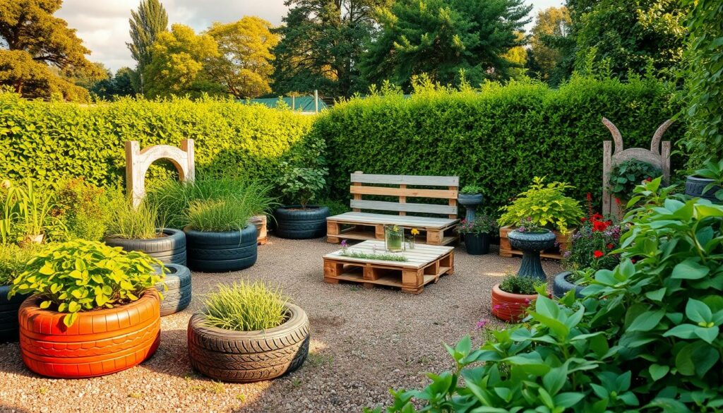A lush garden oasis, with a rustic and sustainable charm. In the foreground, a vibrant display of upcycled planters crafted from recycled car tires, each bursting with a lush assortment of thriving greenery. In the middle ground, a whimsical seating area made from repurposed wooden pallets, inviting visitors to relax and admire the verdant surroundings. The background showcases a harmonious blend of natural elements, including a verdant hedgerow, towering trees, and a cloudless sky bathed in warm, golden light, creating a serene and inviting atmosphere. The overall scene conveys a sense of eco-friendly creativity and a passion for sustainable living.