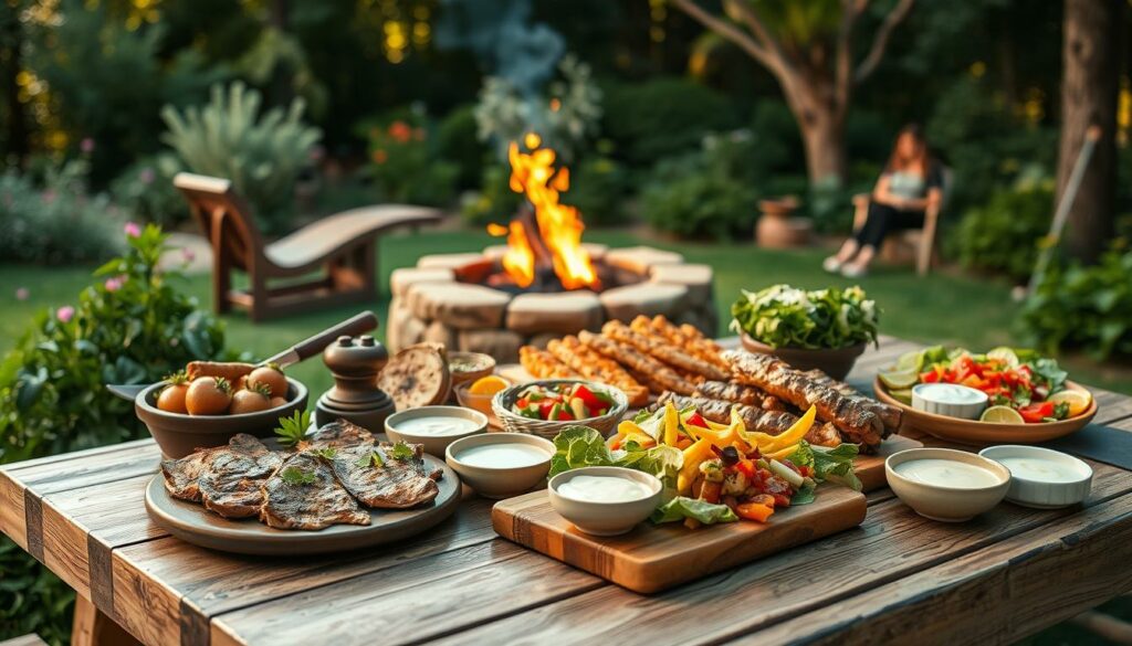 A lush outdoor setting on a warm summer day, with a wooden picnic table in the foreground laden with an array of delectable grilled meats, vibrant salads, and an assortment of creamy sauces and dips. The table is surrounded by a verdant garden, with a cozy firepit in the background, casting a warm glow over the scene. Soft natural lighting filters through the trees, creating a relaxed, inviting atmosphere. The image conveys the essence of a perfect al fresco dining experience, where the focus is on the mouthwatering accompaniments that elevate the grilled feast.