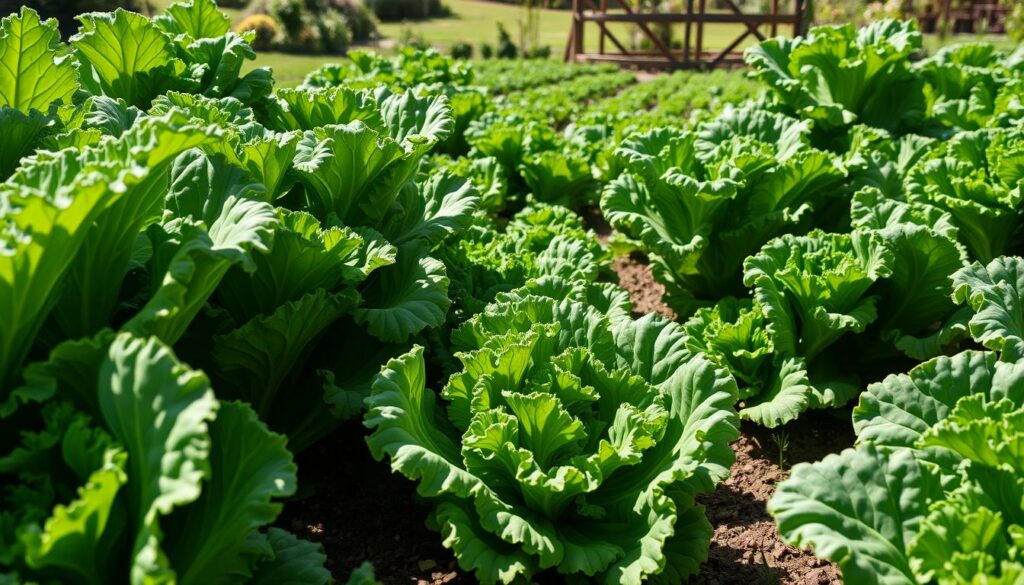 A lush, verdant garden bed filled with the vibrant green leaves of eternal kale, or "ewiger kohl". The foreground showcases the sturdy, cabbage-like plants with their thick, ruffled foliage reaching skyward. Sunlight filters through the leaves, casting delicate shadows and highlighting the plant's intricate textures. In the middle ground, the kale plants are arranged in neat, organized rows, their deep green hues contrasting with the rich, loamy soil. The background features a picturesque garden setting, perhaps with a wooden fence or trellis, hinting at the careful cultivation and care these hardy greens require. An atmosphere of tranquility and abundance pervades the scene, inviting the viewer to imagine the bounty and versatility of this eternal kale harvest.