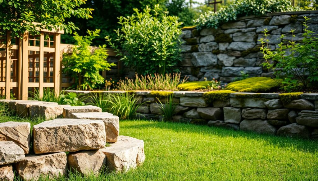A lush, well-manicured garden, its borders defined by an array of carefully selected materials. In the foreground, a collection of natural stone blocks, their rugged textures and earthy tones evoking a sense of timeless solidity. The middle ground features a delicate lattice fence, its intricate patterns casting soft shadows on the neatly trimmed grass below. In the background, a low-lying stone wall, its weathered surface peppered with verdant moss, blending seamlessly with the verdant foliage that frames the scene. Warm, diffused lighting illuminates the scene, creating a sense of tranquility and balance. The overall composition conveys a harmonious integration of natural and man-made elements, perfectly suited for the "Materialien: Die richtige Wahl für Mauern & Zäune" section of the article.
