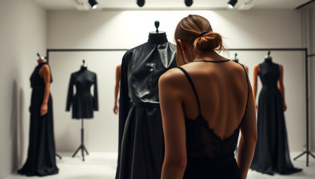 A luxurious and modern fashion collection showcased in a sleek, well-lit studio. The centerpiece is a striking black leather dress, its fabric shimmering under the soft, directional lighting. In the foreground, a transparent top with intricate lace detailing catches the eye, hinting at the collection's alluring and sophisticated aesthetic. The background features a minimalist set design with clean lines and muted tones, allowing the garments to take center stage. The overall mood is one of refined elegance and sensuality, perfectly capturing the essence of Lena Gercke's modish offerings.
