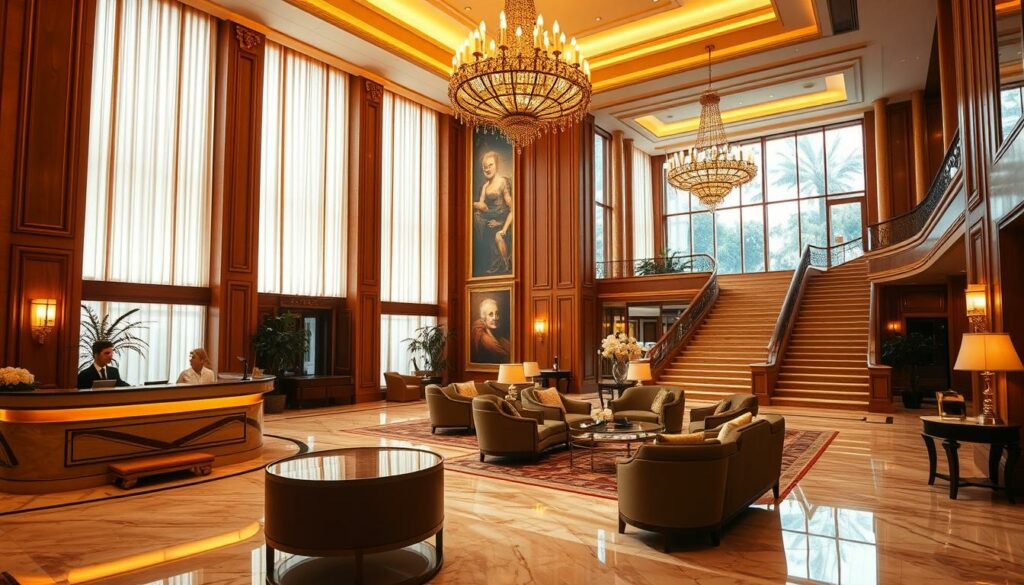 A luxurious high-end hotel lobby, bathed in warm, golden lighting that filters through tall windows. Ornate chandeliers cast a soft, ambient glow, complementing the elegant marble floors and rich, wooden furnishings. In the foreground, a concierge desk is manned by attentive staff, ready to assist guests with their every need. Tasteful artwork and plush seating areas fill the middle ground, creating an atmosphere of refined sophistication. The background features a grand staircase leading to upper floors, hinting at the exclusive accommodations and amenities awaiting discerning travelers. An overall sense of tranquility and opulence permeates the scene, embodying the epitome of luxury hospitality.