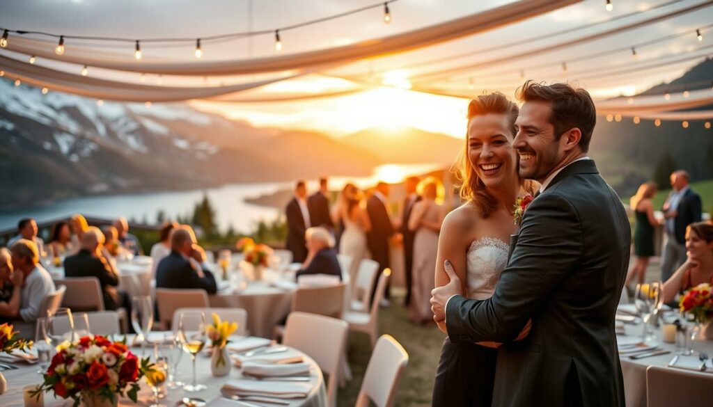 A luxurious outdoor wedding reception on a warm summer evening. In the foreground, the happy couple, Daniel Humm and Annabelle Dexter-Jones, embrace and smile radiantly, dressed in elegant attire. Around them, tables are set with fine linens, crystal glassware, and an abundance of flowers in vibrant hues. In the middle ground, guests mingle and converse, their laughter and joy palpable. The background features a picturesque alpine landscape, with snow-capped peaks and a serene lake reflecting the warm, golden light of the setting sun. Soft, romantic lighting illuminates the scene, creating a cozy and intimate atmosphere perfect for celebrating the newlyweds' special day.