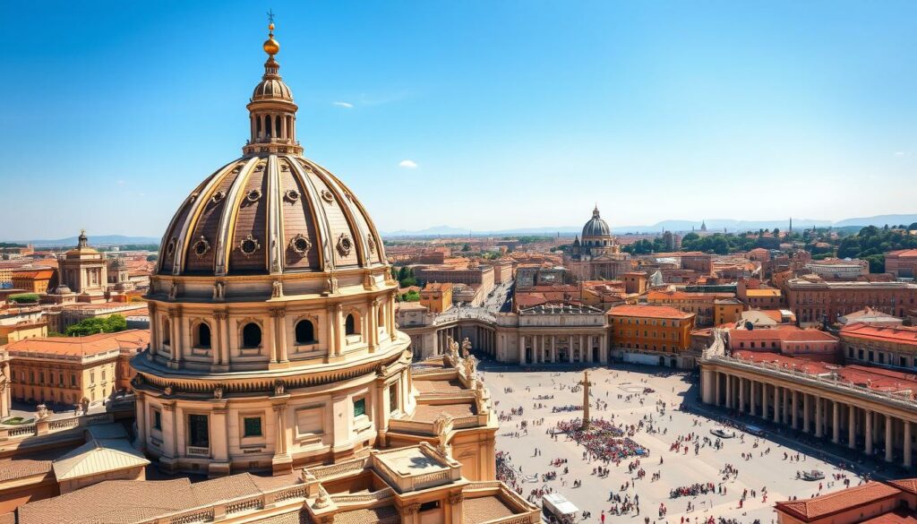 A magnificent view of St. Peter's Basilica and the surrounding Vatican City, captured on a warm, sunny afternoon. The iconic dome of the basilica dominates the foreground, its intricate architectural details bathed in golden light. In the middle ground, the picturesque St. Peter's Square is bustling with visitors, their colorful attire adding vibrancy to the scene. The background features the historical buildings and winding streets of the Vatican, framed by a clear, azure sky. The image conveys a sense of timeless grandeur and invites the viewer to immerse themselves in the rich history and spiritual significance of this renowned destination.