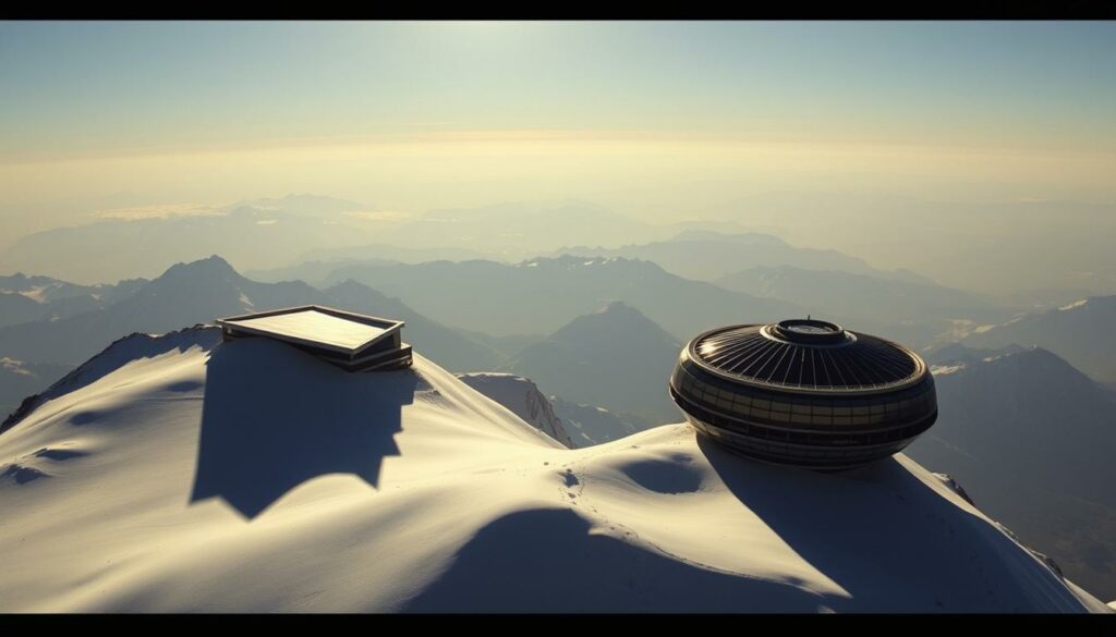 A majestic alpine summit, the Piz Gloria drehort from the James Bond film "On Her Majesty's Secret Service" (1969). The iconic ski resort perched atop the Schilthorn, its striking modernist architecture casting dramatic shadows across the pristine snow. In the foreground, a sweeping vista of the Bernese Oberland, the rugged peaks and glaciers illuminated by soft, diffused natural lighting. In the middle ground, the rotating restaurant and observation deck, its sleek, circular design a testament to the film's futuristic aesthetic. The background fades into a hazy, atmospheric alpine panorama, the sun glinting off the distant slopes. An evocative, cinematic scene that transports the viewer to the heart of this classic Bond adventure.