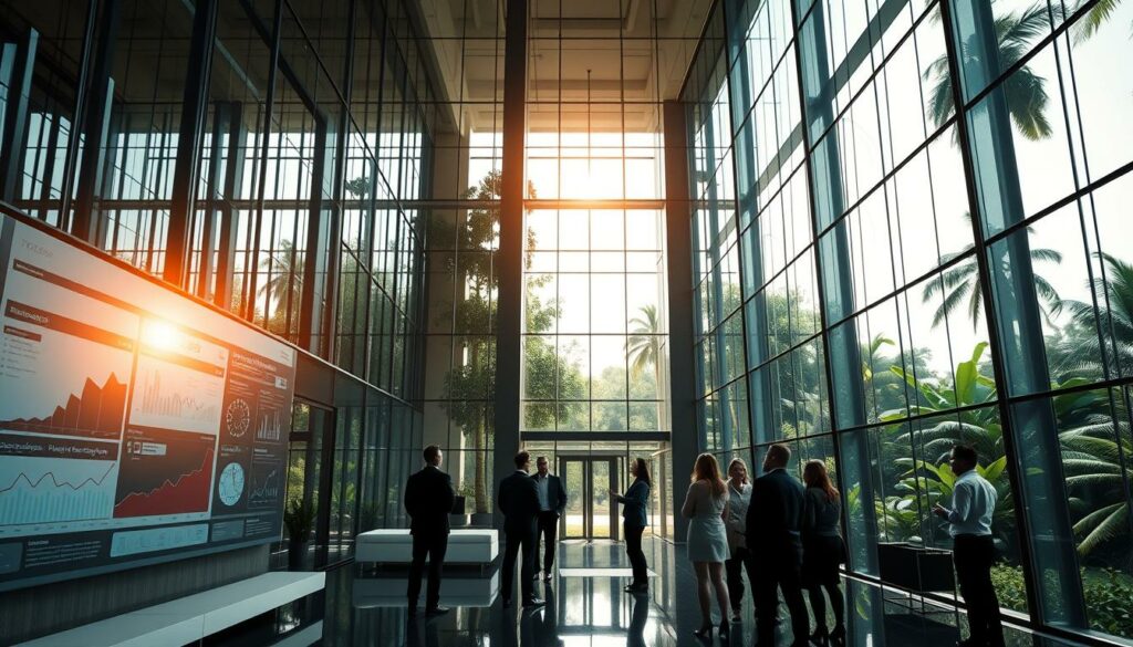 A majestic glass building with a striking architectural design, housing the new climate damage fund. Sunlight filters through the transparent facade, casting a warm glow across the modern interior. Sleek, minimalist furnishings and clean lines convey a sense of efficiency and purpose. In the foreground, a digital display showcases detailed charts and graphs, illustrating the intricate workings of the fund's operations. The middle ground features groups of people in business attire, engaged in animated discussions, highlighting the collaborative nature of this important initiative. Beyond, the lush, verdant backdrop of a tropical rainforest setting underscores the global scale and environmental focus of the climate damage fund.